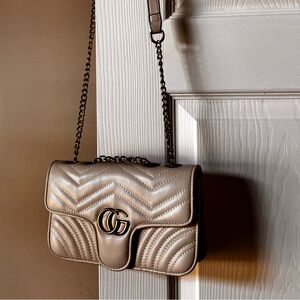 New Quilted Chevron Crossbody | Chain Strap | Beige/Taupe | Heart Back